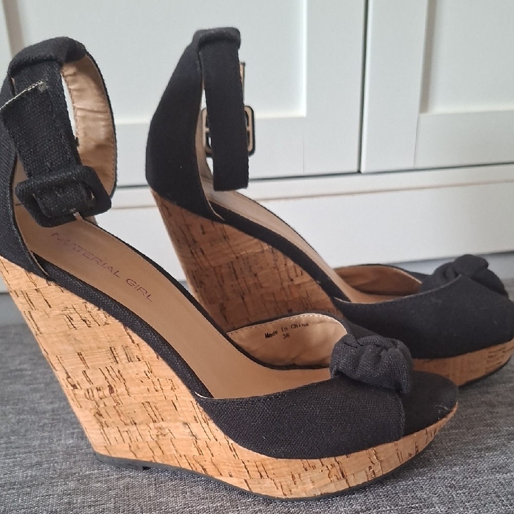 Material Girl Black Canvas Cork Wedge Sandals